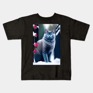 Unlock the Enchantment of British Shorthair and Snowy Roses Kids T-Shirt